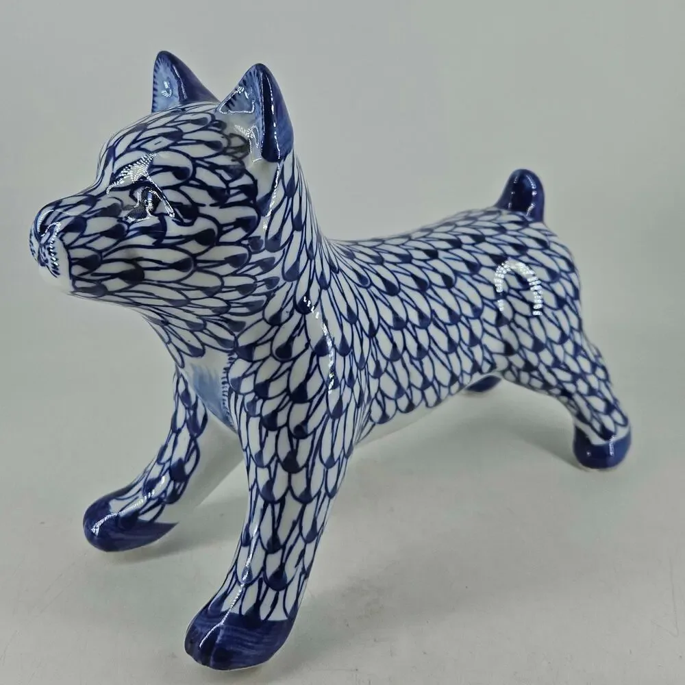 Vintage style White and Blue dog Statue Figurine Hand Painted Ceramic Decor